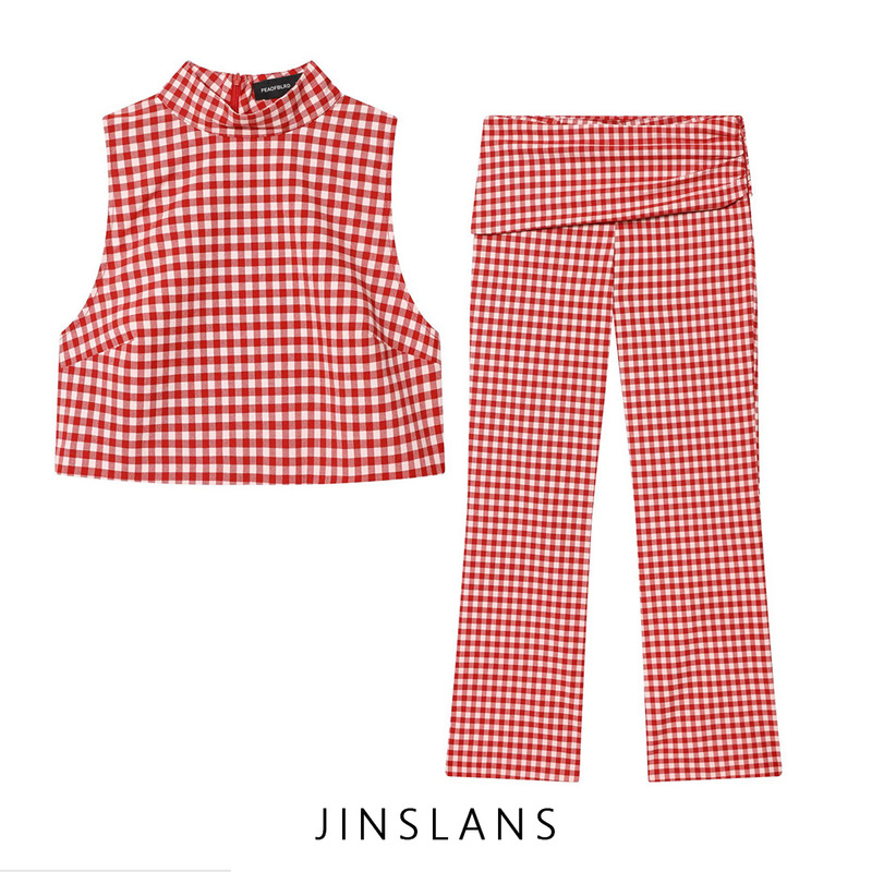Cross-Border Foreign Trade Za European and American Style Women's Clothing Aliexpress Hot-Selling Item Sleeveless High-Neck Plaid Top and Capri Pants Set