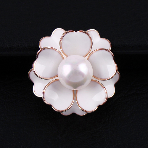 Korean Camellia Pearl Drop Oil Flower Brooch Flower Bold Cardigan Button Pin for Women Western Dress Accessories Shawl Pin