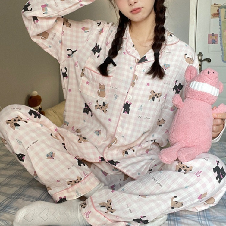 云朵棉可爱卡通花朵小熊睡衣女士秋季新款长袖长裤开衫宽松家居服|undefined