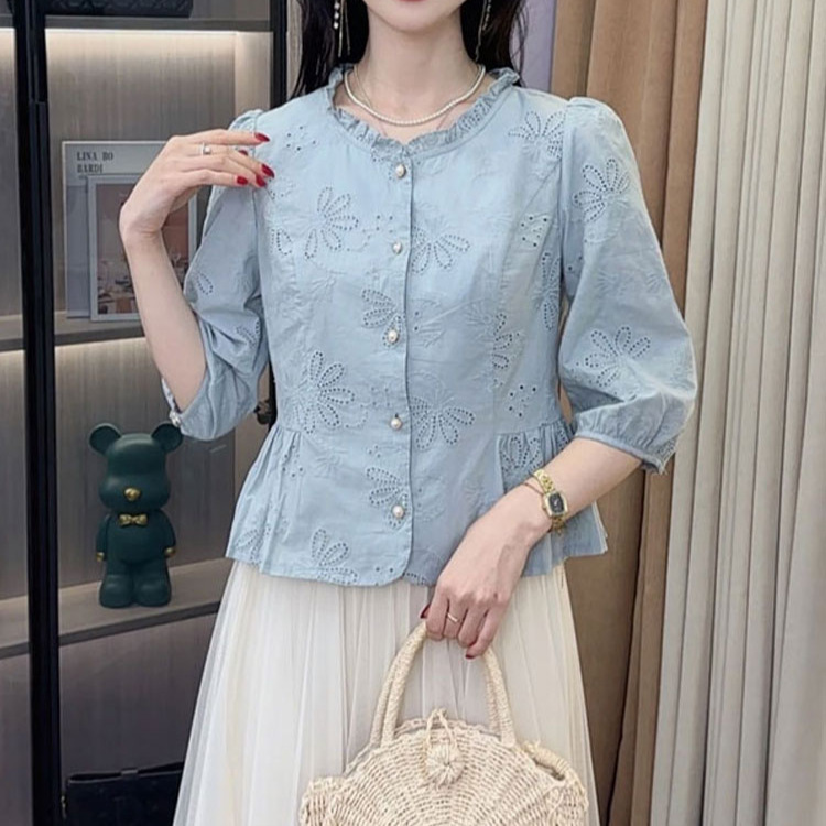 Women's Shirt 2025 Early Autumn New Stylish French Lace Round Neck Short Versatile Seven-Quarter Sleeve Top