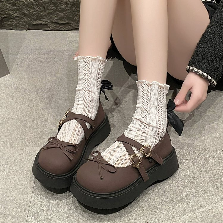 2025 новый летний круглый лук маленькие кожаные туфли женские кексы толстая подошва с юбкой одиночные туфли