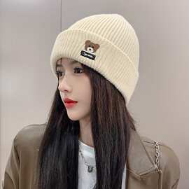 小熊帽子女秋冬可爱护耳毛线帽骑车百搭针织帽显脸小月子帽潮情侣
