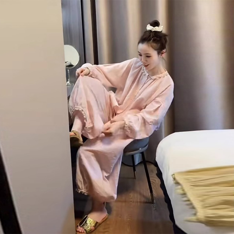Women's Pajamas Spring and Autumn 2025 New Solid Color Lace Trim Long-Sleeve Long Pants Sweet Cute Loungewear Set Cloud-Like Feel