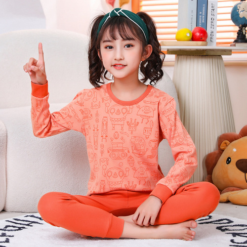 Children's thermal underwear set, autumn and winter boys' pure cotton bottoming shirts, girls' cartoon cotton round neck autumn clothes and long trousers