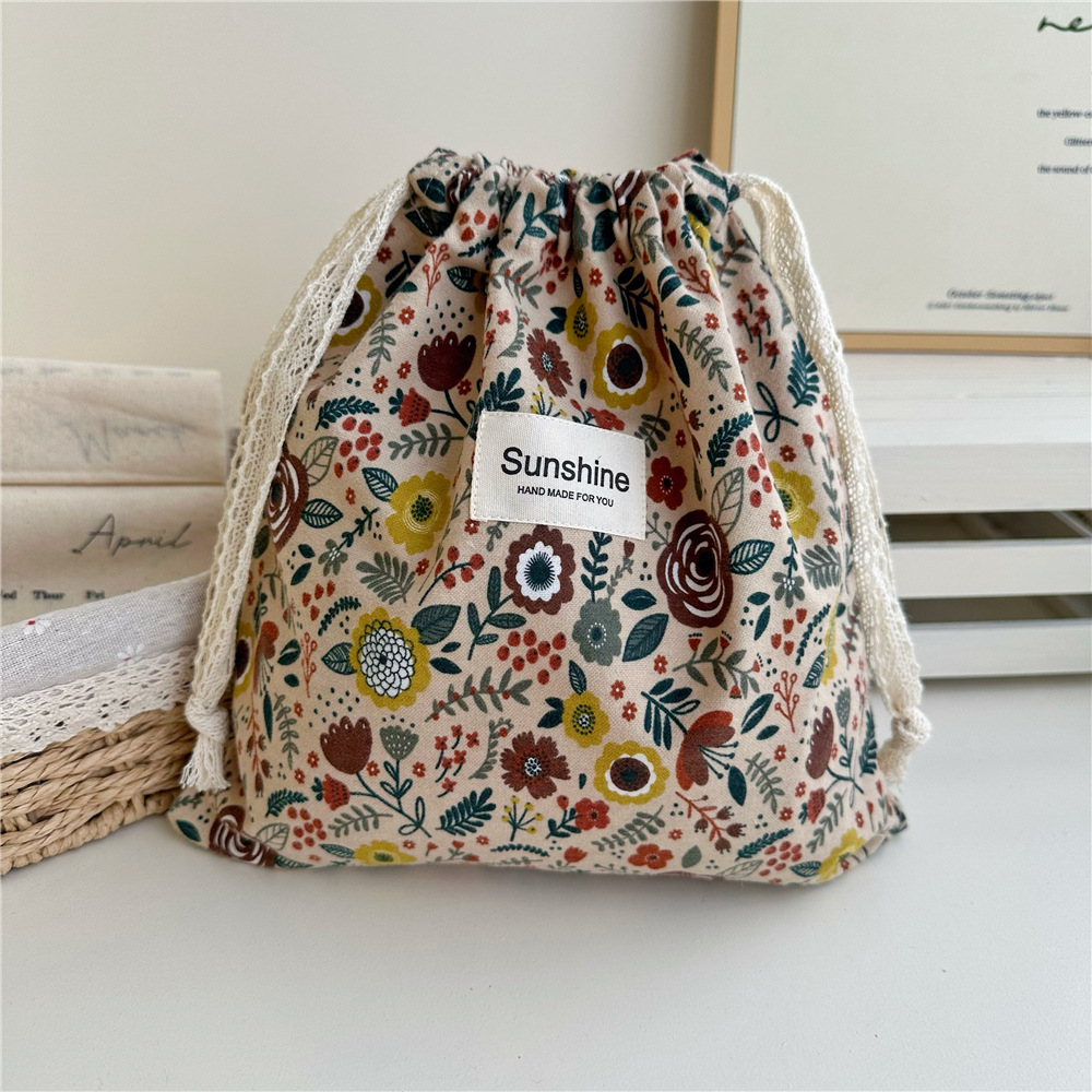 Ins estilo mori algodón cepillado color tierra floral bolsa de cordón clasificación en el hogar bolsa de almacenamiento bolsa de viaje grande