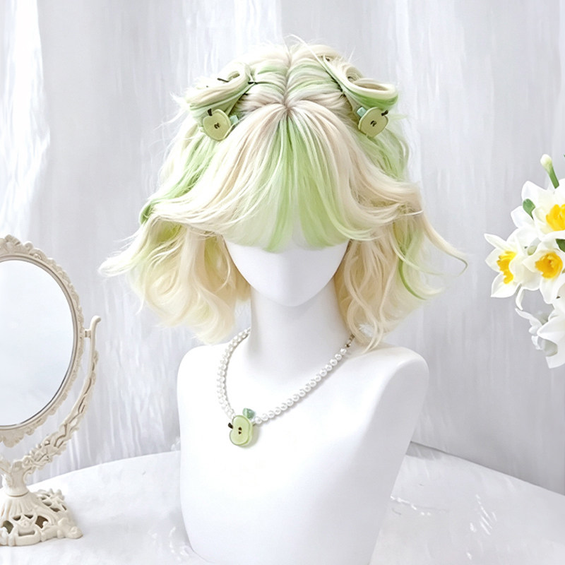 【Grönt äppleparadis】 Connie peruk för kvinnor, sommaratmosfär Blond till grön gradient kort helhuvud peruk