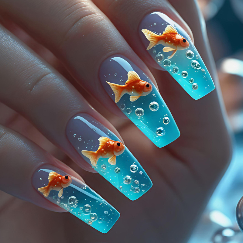 Cross-Border Hot-Selling European Square Art Manicure Wearable Nails Blue Goldfish Bubble Nail Patch Fake Nails Classy
