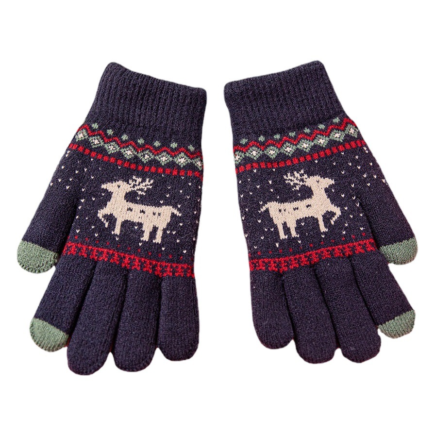 Guantes de pantalla táctil de invierno de doble capa engrosada cálidos guantes forrados de lana para hombres y mujeres guantes de punto jacquard de ciervo