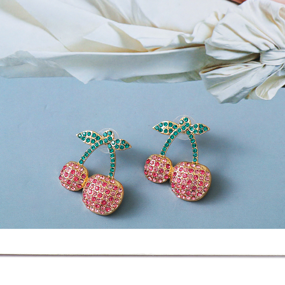 New Creative Fruit Cherry Full Diamond Retro Alloy Earrings display picture 4