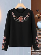 批发秋冬加绒加厚圆领中式重工刺绣国风民族风绣花长袖打底衫T恤