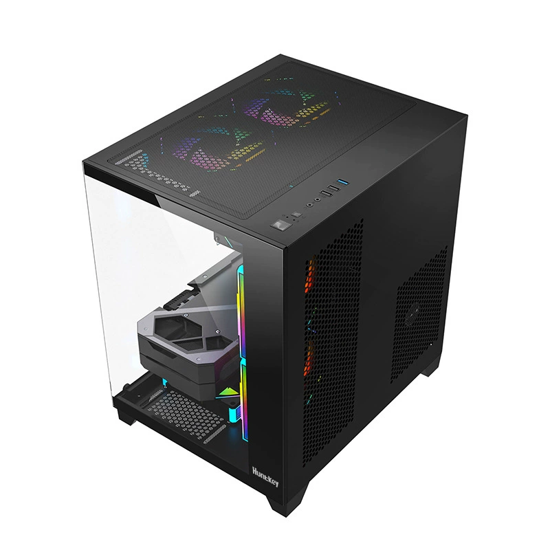 Desktop chassis (Huntkey S900) — panoramic viewing, postless interior, gaming case