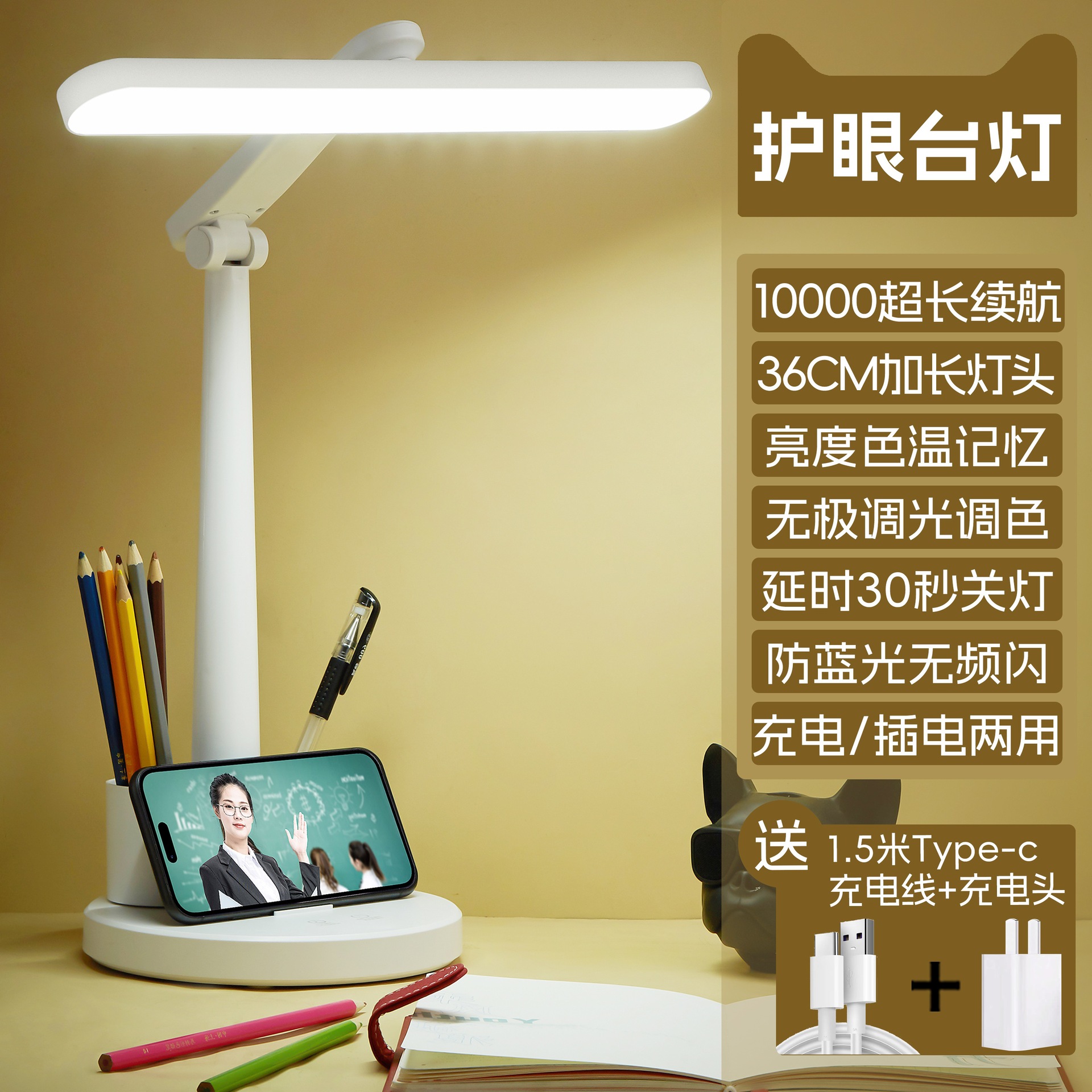 [고휘도 및 긴 배터리 수명 모델] [10000 충전식 및 플러그인] 플러그 + 펜 홀더 + 1.5m Type 케이블 포함