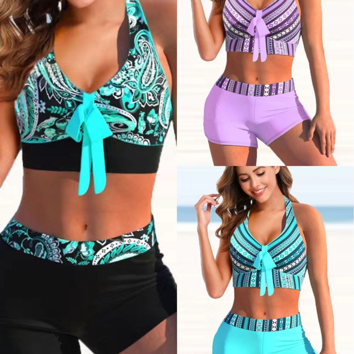 2024 cross-border European and American split bikini printed split swimsuit bikini boxer striped foreign trade plus size swimsuit