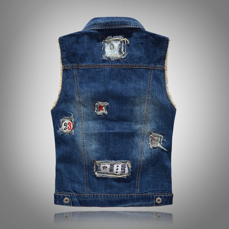 Plus-Size Trendy Men's Personalized Denim Vest with Patches, Casual Embroidered Biker Vest for Export