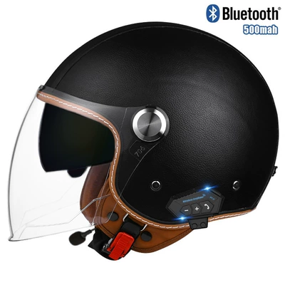 Motosiklet kaskı (dəbilqə) — half helmet double mirror helmet - lychee-pattern-black-outer-length-and-inner-teabluetooth-m