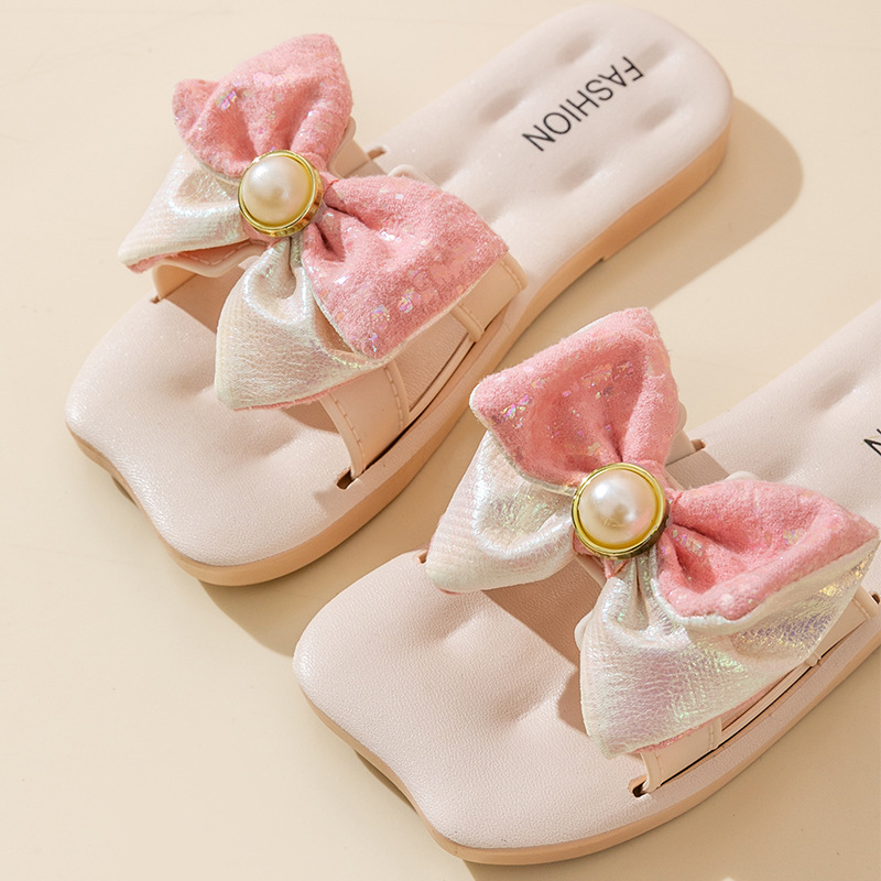 Girls' Western Style Slippers Indoor and Outdoor Wear Small Fragrant Style Non-Slip Soft Bottom Pearl Bow Baby Princess Beach Sandals