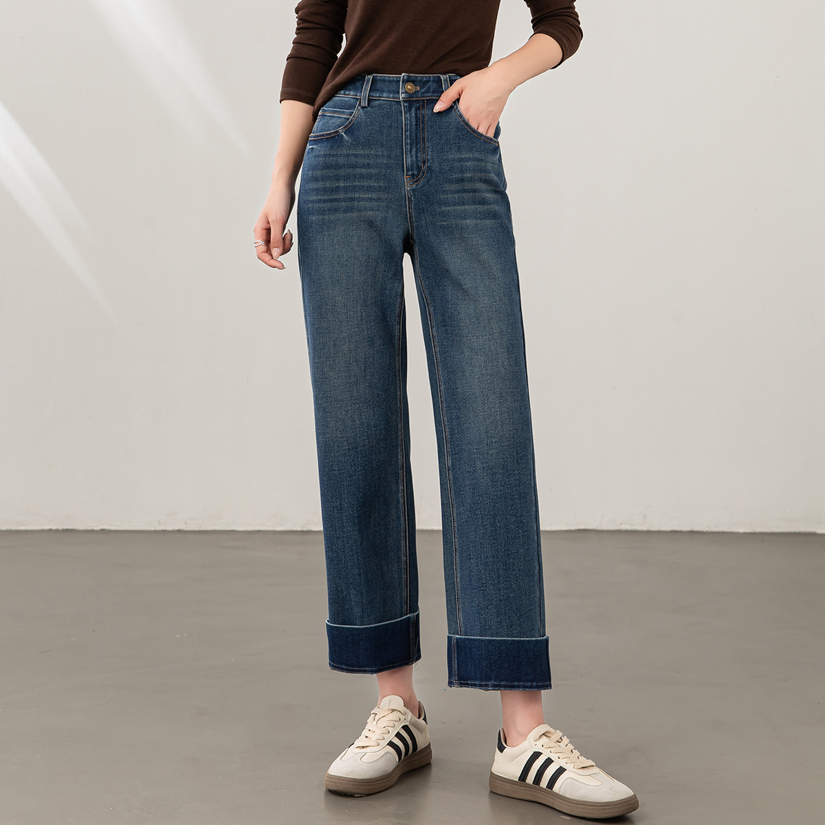 复古九分牛仔裤女秋季四面弹百搭秋新款小个子宽松直筒阔腿裤