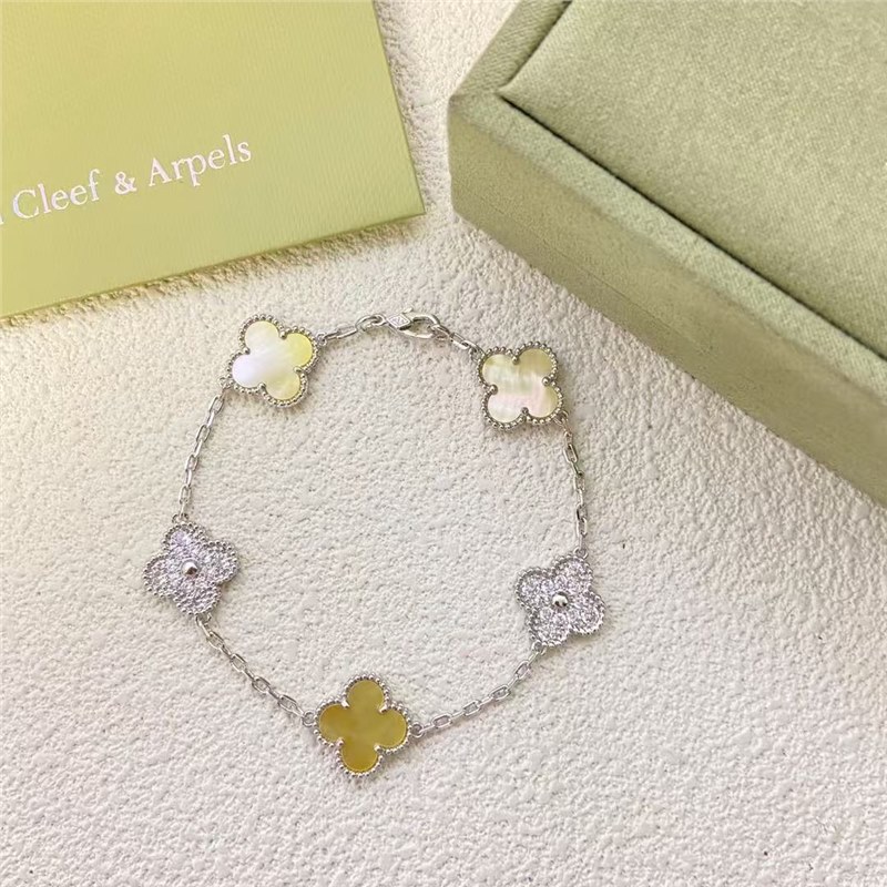 Cross-Border Live Broadcast Four-Leaf Clover Five-Flower Bracelet for Women, Gold Shell Lucky Clover with Diamonds, High-End Version Flower Lucky Charm Cnc