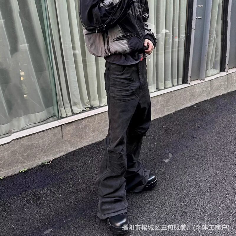 High-End Ro-Style American High Street Dark Style Waxed Coating Slim-Fit Flared Floor-Length Jeans for Men and Women