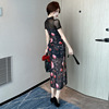 Retro sexy short sleeved hollowed out printed split cheongsam dress