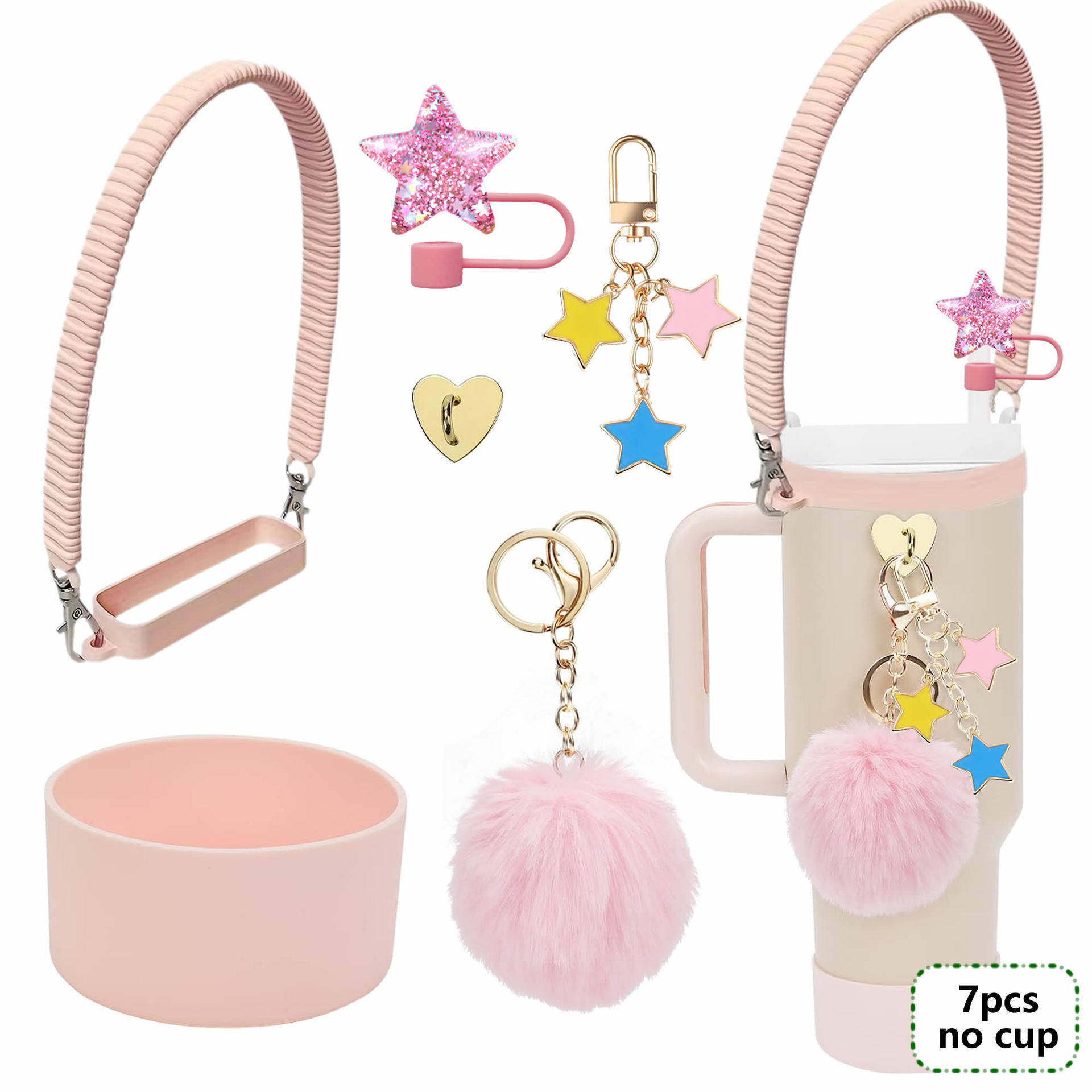 7pcs taza Stanley cuerda de mano colgante de silicona flor tapa de pajita bola de felpa colgante de copa cadena de taza de color