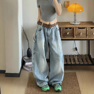 plus size American Style Retro High Street Printed Solid Color Jeans New Loose High Waist Scimitar Casual Style Trousers