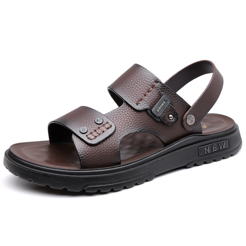 Dép sandal nam da bò lớp đầu hở ngón thoáng khí chống trượt đi biển và dạo phố — C6253 Màu nâu, C6253 Màu đen