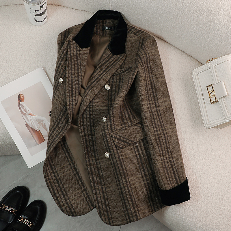Wool Small Suit Jacket Women's 2024 Autumn and Winter New Elegant Fashion Plaid Casual Suit Top