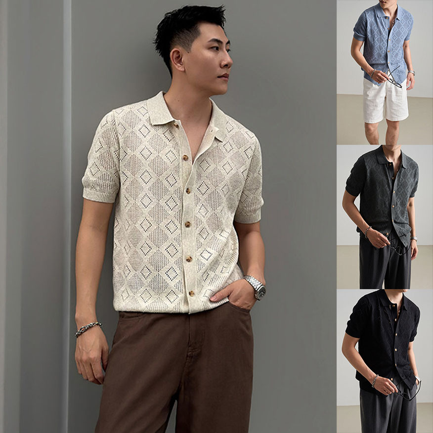 Polo camiseta de punto camiseta de manga corta hombre cardigan cuadrilátero hueco viejo viento de verano fábrica transfronteriza al por mayor