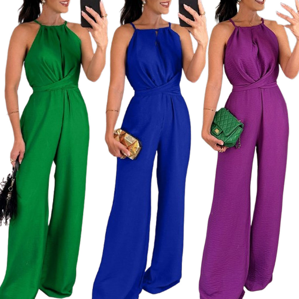 2025 Summer New Cross-border European and American Foreign Trade Women's Lace-up Solid Color Sleeveless Sexy Slim-fit Pants for Women