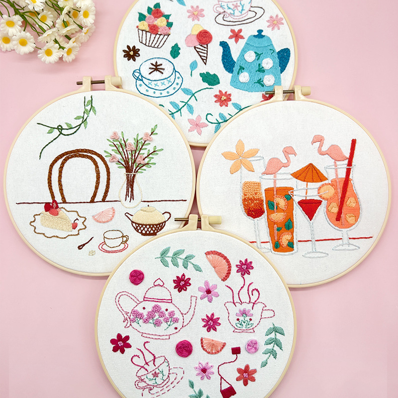 Lu bordado redondo tiempo de té de la tarde pintura colgante bordada a mano DIY material paquete de dibujos animados impresión infantil pintura colgante de pájaros