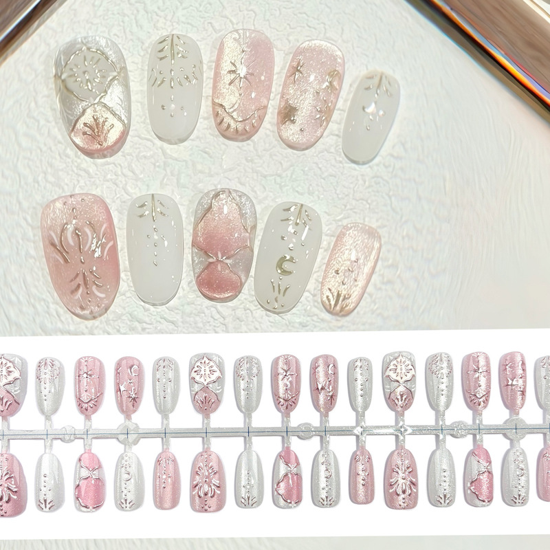 Pink Girly Gold-Plated Bohemian Style Retro Wearable Nails, Fresh Short Oval Trendy Nail Stickers
