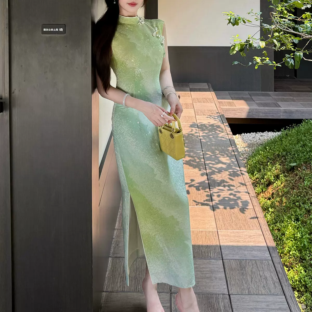 千里江山 国风改良旗袍女夏气质新中式修身连衣裙夏季开叉长裙