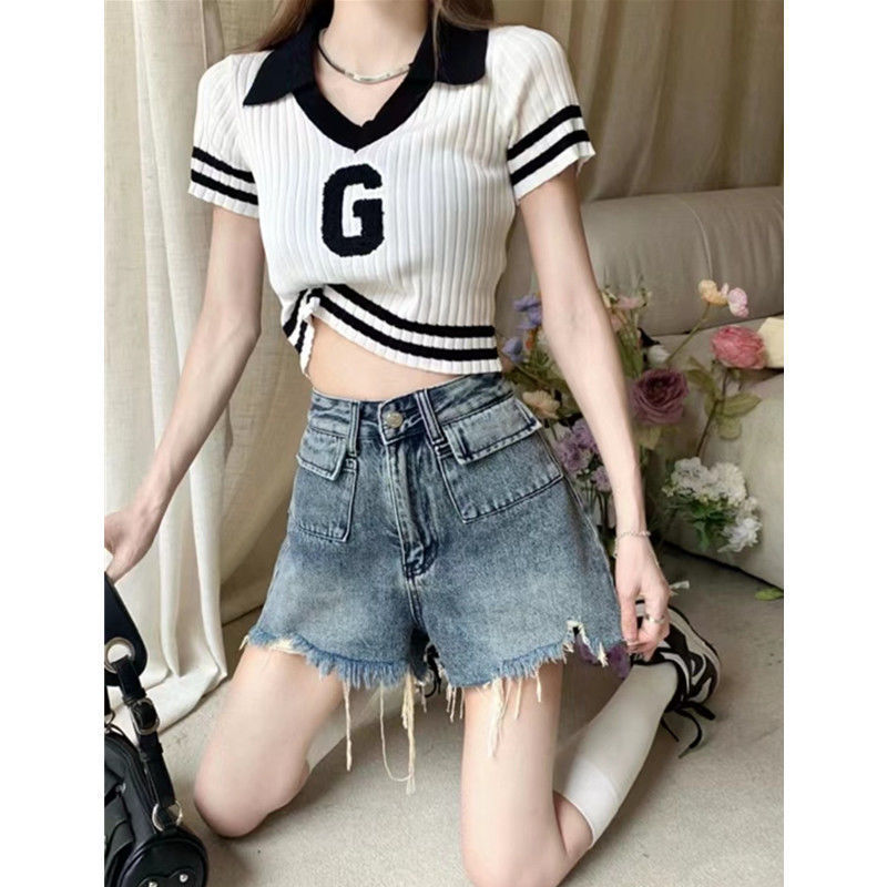 EBAY 랩 높은 허리 A 라인 데님 반바지 여성 통통녀 여름 핫 걸스 INS 하이 스트리트 디자인 센스 와이드 레그 핫 바지