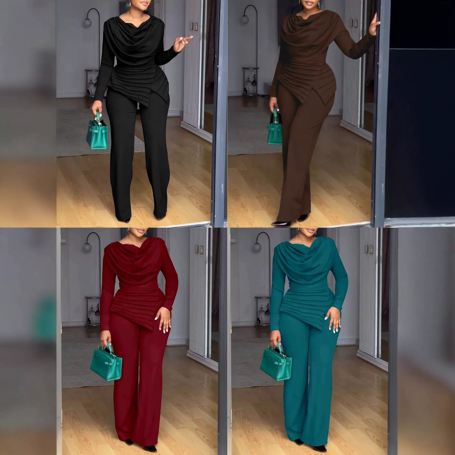 2025秋季气质 修身褶皱纯色时尚 两件套欧美 亚马逊跨境 外贸新款