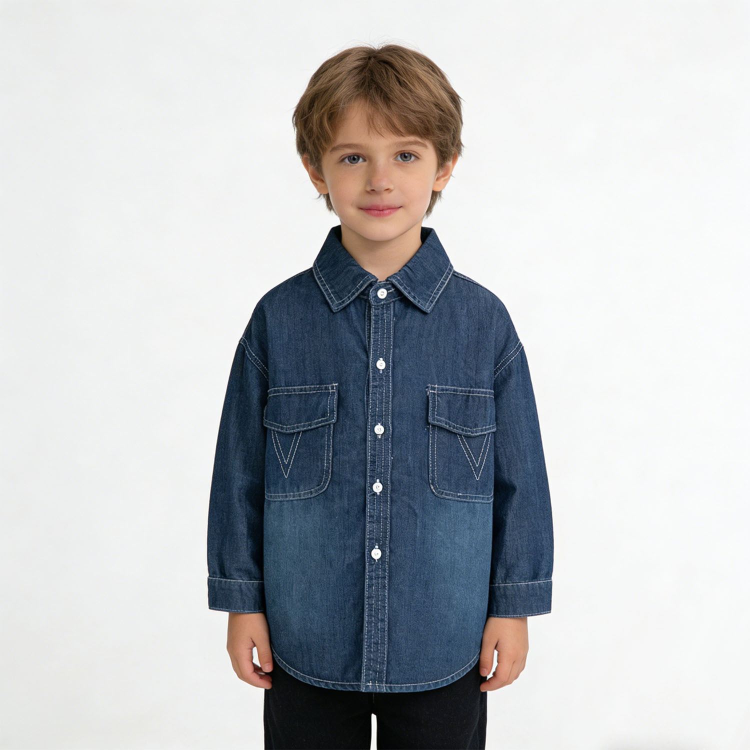 Boys' Spring and Autumn Shirts 2025 New Spring and Autumn Collection Children's Solid Color Denim Tops Boys' Stitched Shirts