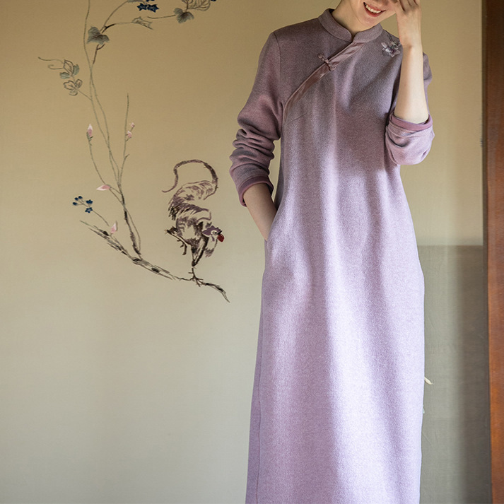 2024 Autumn and Winter New Cotton Blended Cashmere Handmade Embroidered dress Women's Simple Casual Long Dress