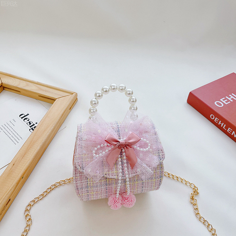 Bolsa de moda para niños 2021 otoño e invierno nuevo algodón y lino de lana estilo Chanel arco perla bolsa de mensajero portátil para niñas