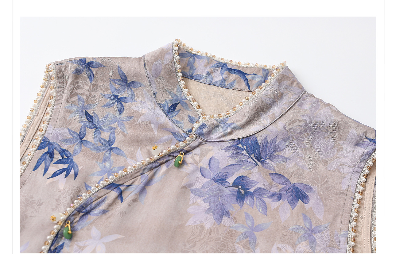 Áo vest gile nữ cổ đứng không tay phong cách cổ điển Trung Hoa, đính chuỗi hạt, mùa hè M8035 — màu xanh chi tiết 18