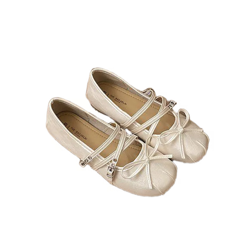 Retro zapatos mary-zhen plateados cuadrados arco zapatos para mujeres 2026 primavera y verano nuevos zapatos de ballet de cuero suave para mujeres