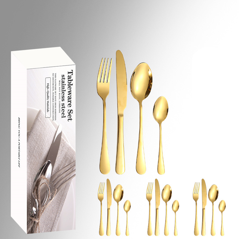 Amazon productos calientes de acero inoxidable vajilla 24 unidades traje 1010 cuatro piezas principales caja simple comida occidental cuchillo, tenedor y cuchara