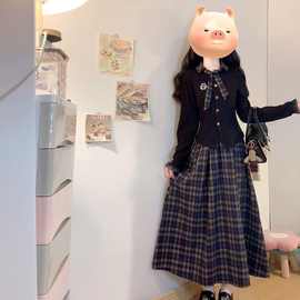 韩系学院风黑色拼接格纹连衣裙少女秋季中学生假两件甜妹过膝长裙