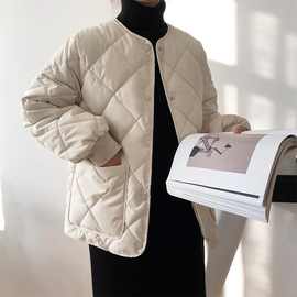 包邮棉袄女冬装韩版圆领加厚面包服外套女学生宽松纯色菱格棉衣棉
