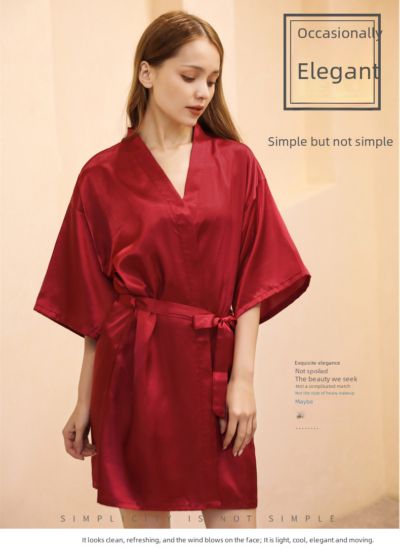 Cross-border Women's Twisted Sade Nightgown Bathrobe Solid Color Glossy Summer Thin Sexy Short Cardigan Gown_voghion.com