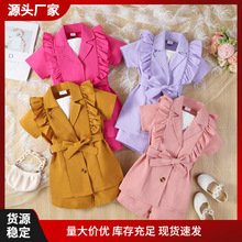 亚马逊春夏女童套装中小童吊带打底+纯色翻领短袖西装+短裤三件套