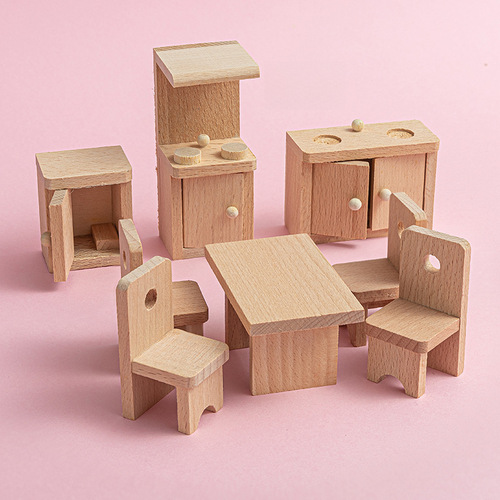 Wooden dollhouse playset miniature children's wooden block toy kit personalized creative kitchen dining table