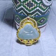 天然A货绿翡翠弥勒佛佛公吊坠精工铜高冰糯种老玉石挂件玉佩