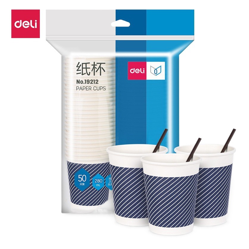 Deli 19212 taza de papel 280ml de fibra de bambú engrosada Oficina taza de agua del hogar taza de té 50 piezas de montaje varilla de agitación