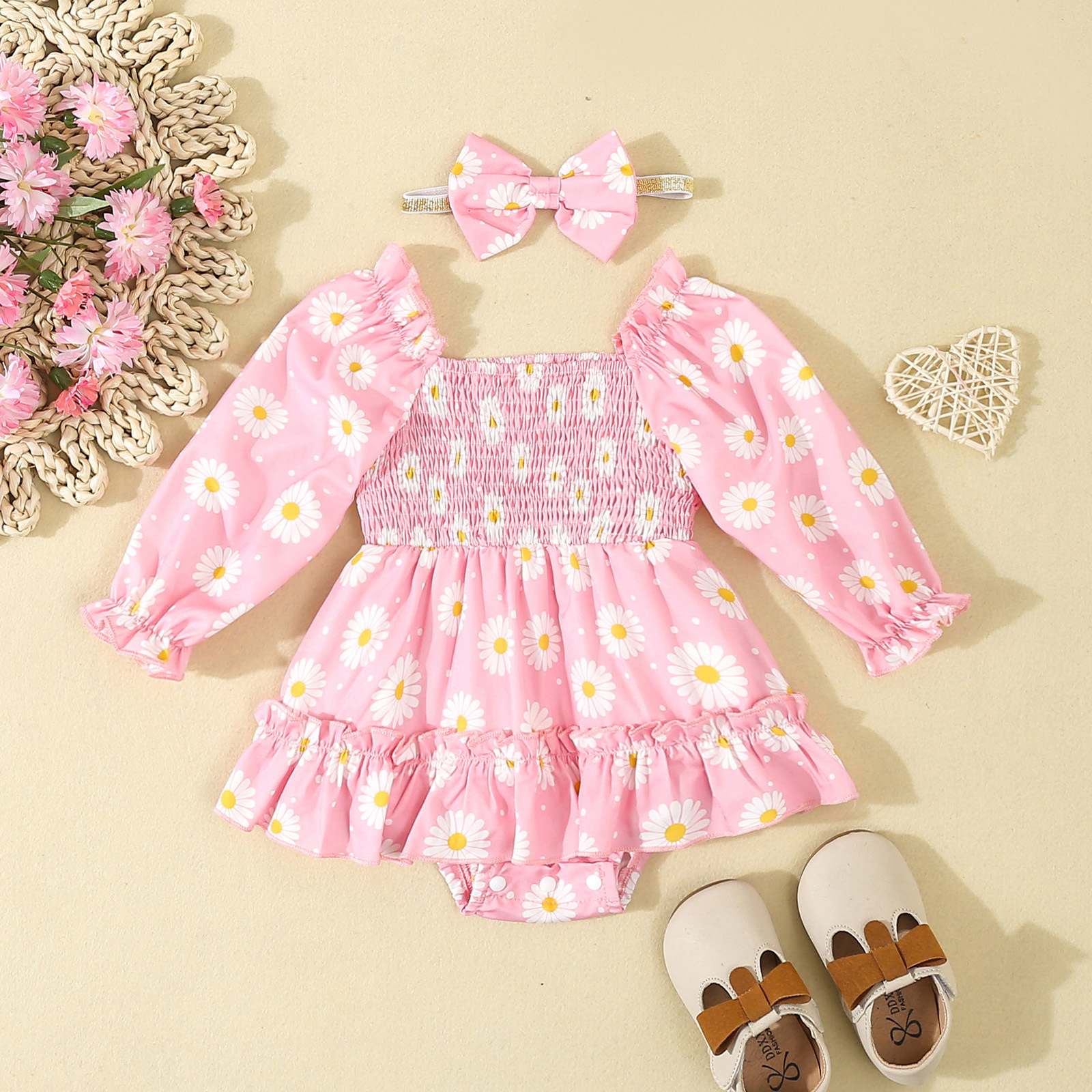 Baby romper kjole med hårbånd til piger forår og efterår_voghion.com