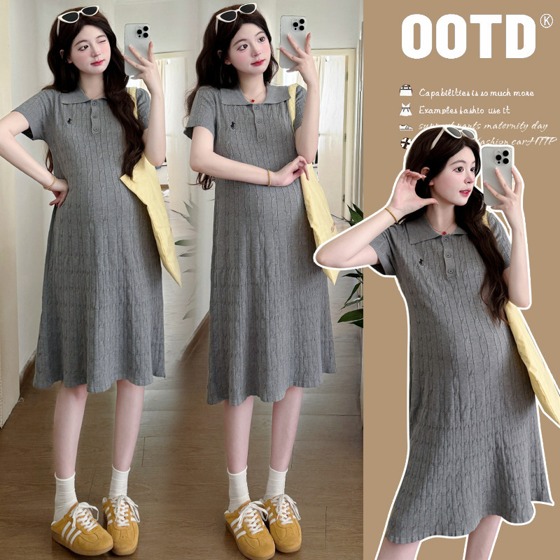 2025 Maternity Wear New Fashion Polo Collar Casual Knitted Twist Mid-Length Maternity Dress